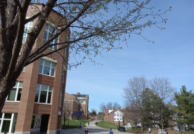The view of Moore Hall and Raven House from the Novack exit of Baker-Berry