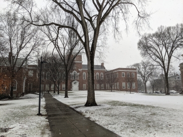 Snow-covered Baker-Berry Library tower winter '23