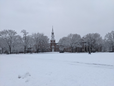 Beautiful picture of Baker-Berry library covered in fresh snow.