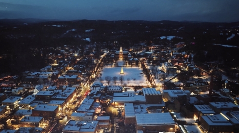 Panoramic night drone shot of Dartmouth Campus