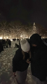 Dartmouth students on the Green during the snowball fight