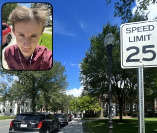 A screenshot of a BeReal: the front camera shows a student in a red shirt, and the back camera shows a campus sidewalk.