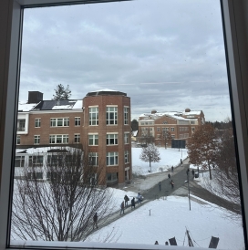 A picture of the snow outside that I took from the view of the 2nd floor of Baker library.