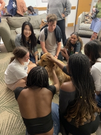 My friends and I at the Student Wellness Center petting a golden retriever.