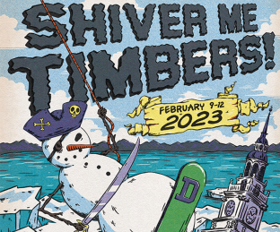Winter Carnival Poster: "Shiver me timbers" featuring a snowman wearing pirate hat on pirate ship