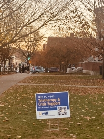 Sign on campus advertising free teletherapy for Dartmouth students