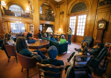 A photo of a poetry reading in Sanborn House