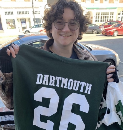 Me, holding up a Dartmouth 26 long sleeved t-shirt
