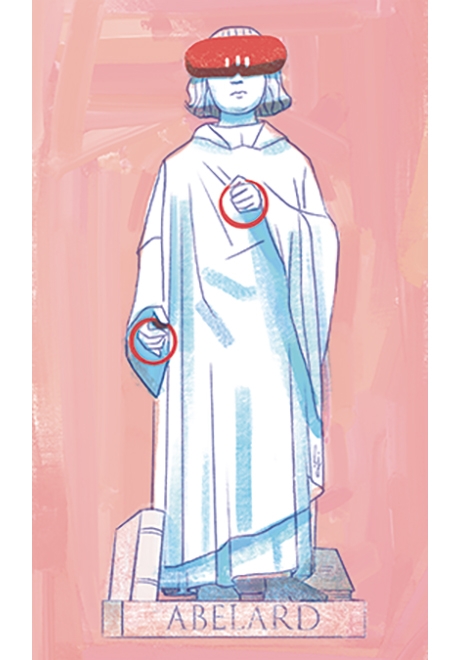 An illustration of a greek statue wearing VR goggles