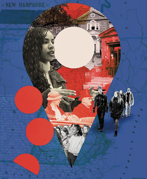 An illustration showing a large location pin with images of students and historial governmental figures included in a collage-style