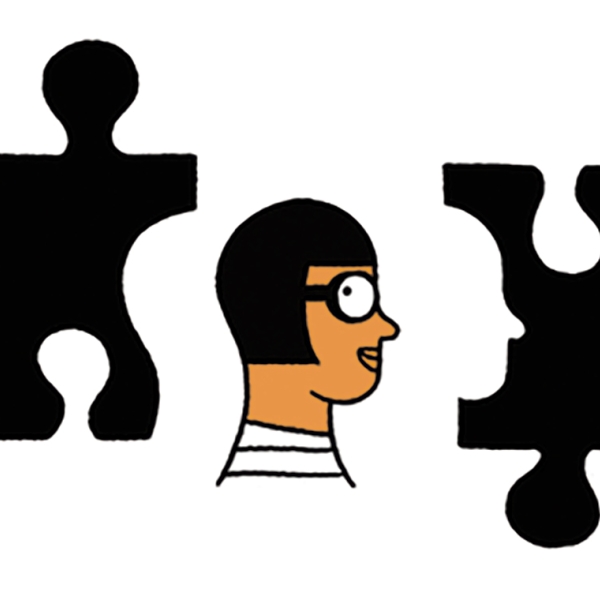 An illustration of a profile of a head with puzzle pieces to either side of it