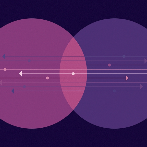 An illustratin of two speech bubbles intersecting with directional lines overlaying the bubbles
