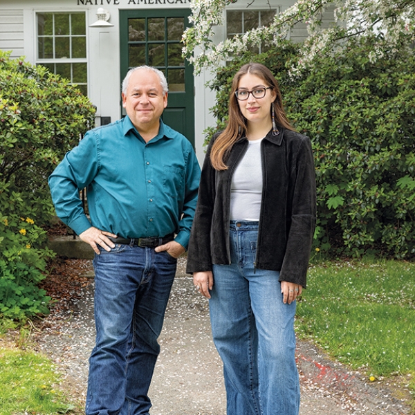 A photo of Neena Shell '26 and professor Bruce Duthu