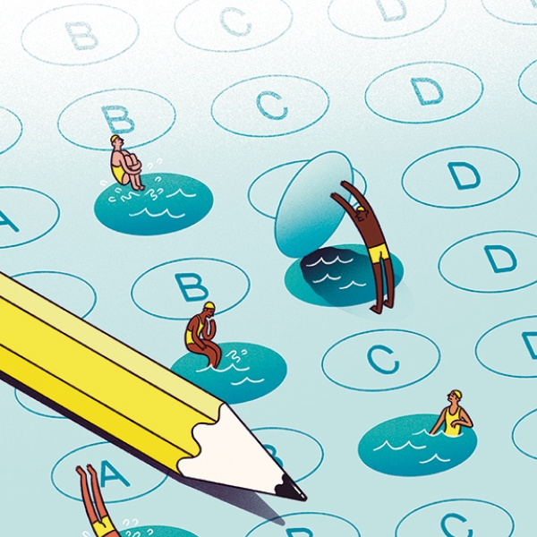 An image of people jumping into swimming holes created from answer circles on a standardized test