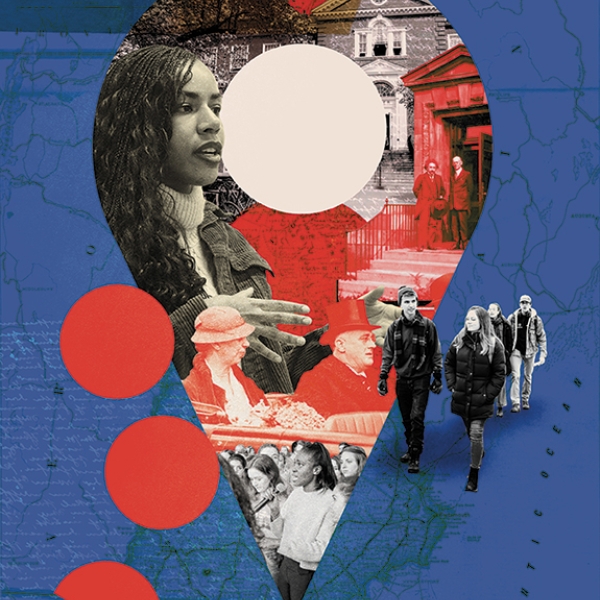 An illustration showing a large location pin with images of students and historial governmental figures included in a collage-style