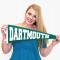 blonde woman in blue shirt holding Dartmouth pennant 