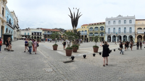 Historic architecture surrounds the popular Plaza Vieja in old Havana.