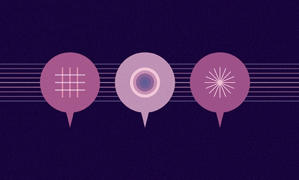 An illustration of three speech bubbles with symbols in each of them