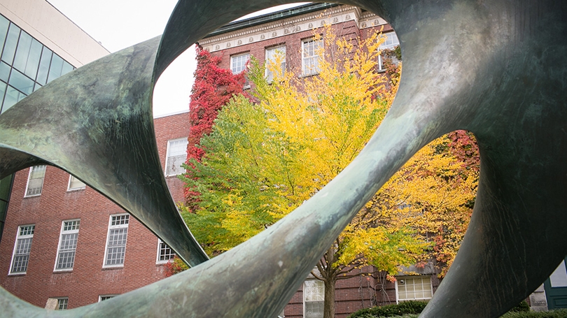 A photo of the sculpture in front of Wilder Hall