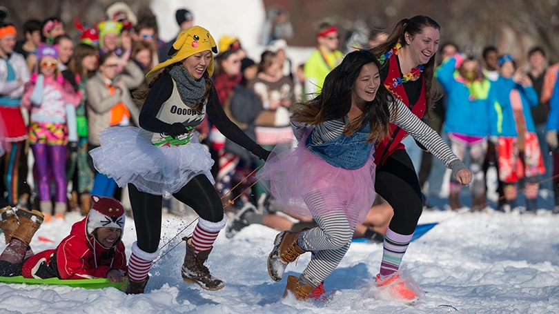 Students compete in the 2014 human dogsled race
