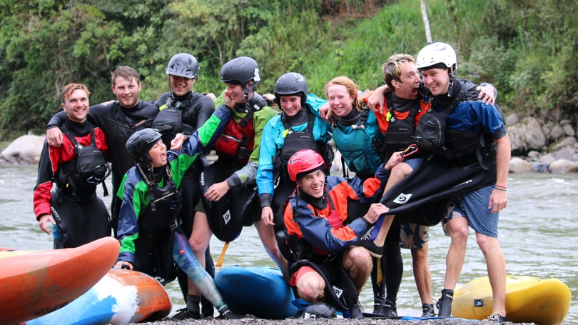 Members of the Ledyard Canoe Club during a 2018 whitewater paddle adventure in El Chaco, Ecuador, are, from left, Michael Schedin '20, Sheppard Somers '19, Katie Bogart '20 (crouching), Coby Gibson '21, Charlie Pike '22, Kat Adelman '21, Robert Livaudais 
