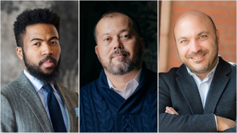 From left are 2021 Guggenheim winners Assistant Professor Joshua Bennett, Associate Professor Alexander Chee, and Professor Tarek El-Ariss.