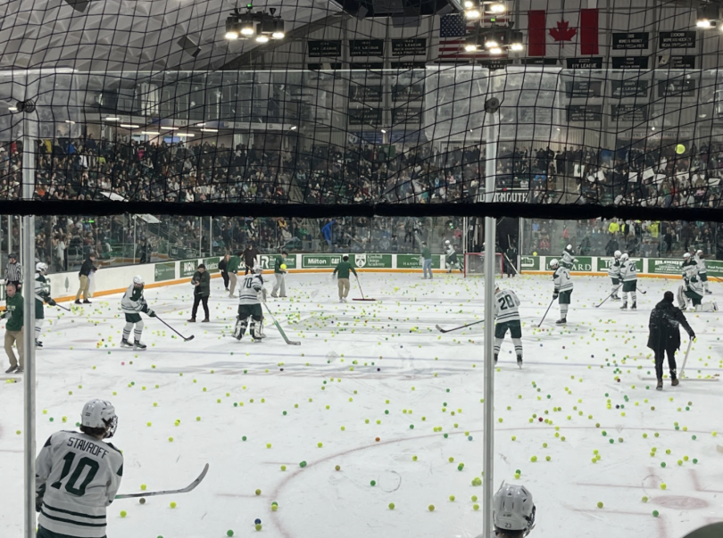 An ice rink covered in lime green tennis balls. Men dressed in hockey jerseys and paddings with hockey sticks skate on the ice.