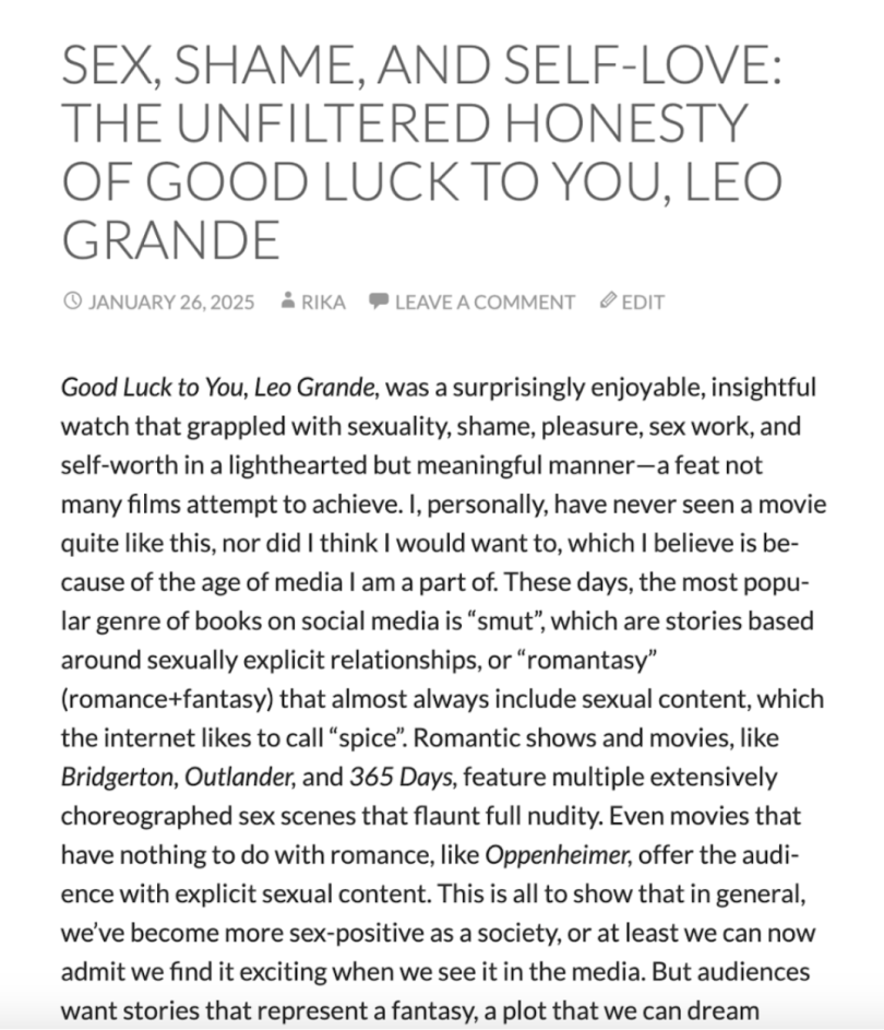 A blog post titled "Sex, Shame, and Self-Love: The Unfiltered Honesty of Good Luck to You, Leo Grande"