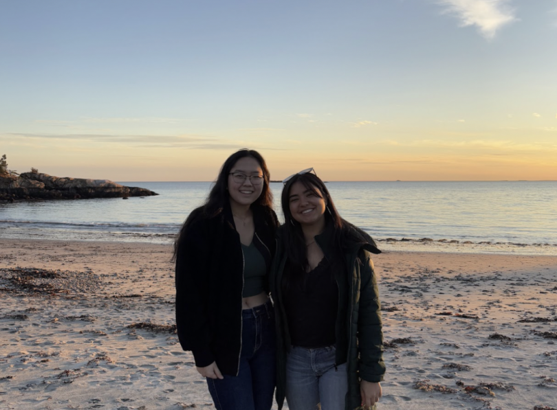 Two young women stand close together on a sandy beach at sunset, smiling with the calm ocean and a partly cloudy sky in the background.