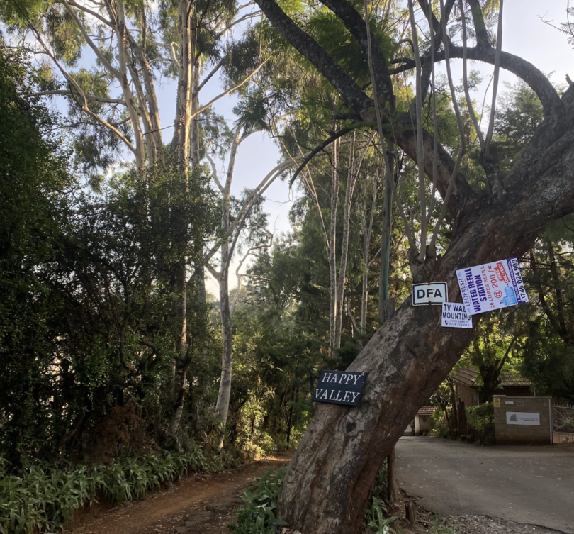 A picture of a walking path with a sign written "Happy Valley."