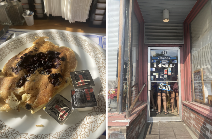 Left: A golden-brown pancake studded with wild blueberries, accompanied by small butter packets on a decorative plate, Right: The entrance to Shyrl's Diner with a glass door displaying an "OPEN" sign and a group of customers waiting just inside.