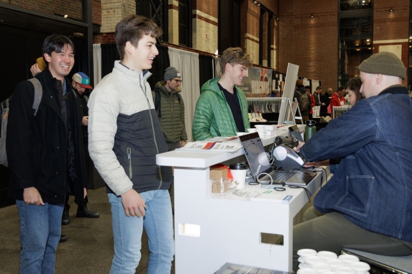 A view of Nathan, the author, and his friends checking in at the Boston footwear materials show.
