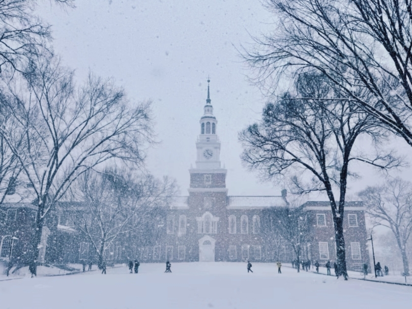 Snow at Baker Library
