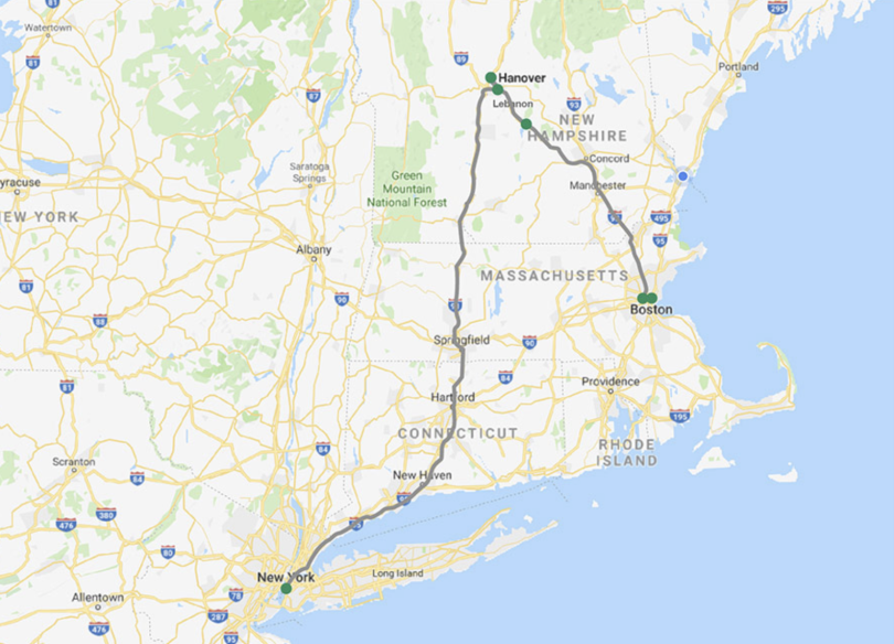 A map of Dartmouth Coach routes