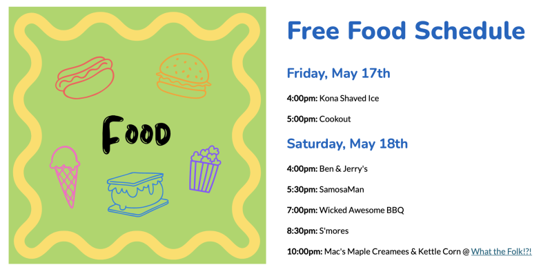 A screenshot of the Free Food Schedule available during Green Key weekend