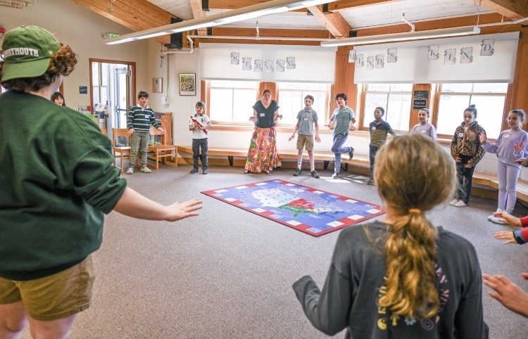Acting exercises with elementary schoolers A circle of school kids playing acting exercises