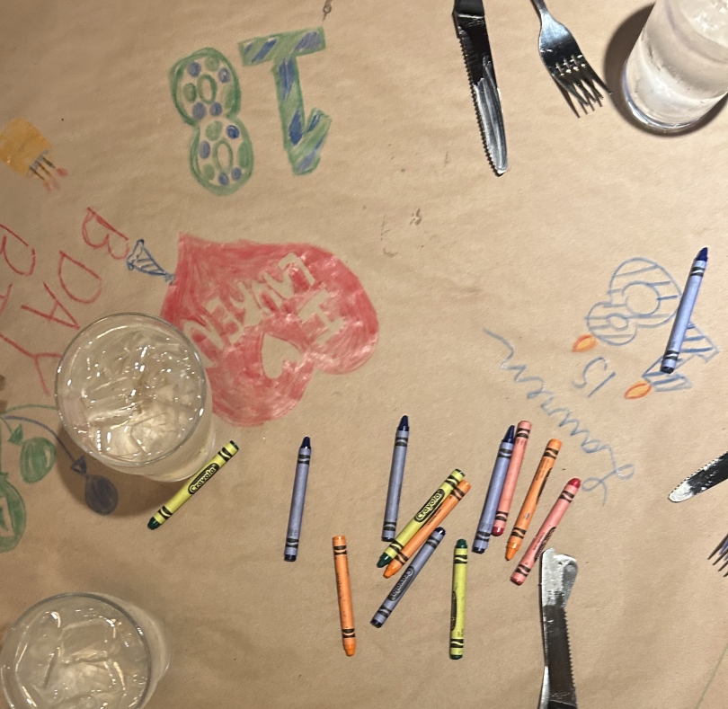 An overhead view of the table at Molly's, which was covered in brown construction paper. We drew birthday balloons and messages using Crayola crayons.