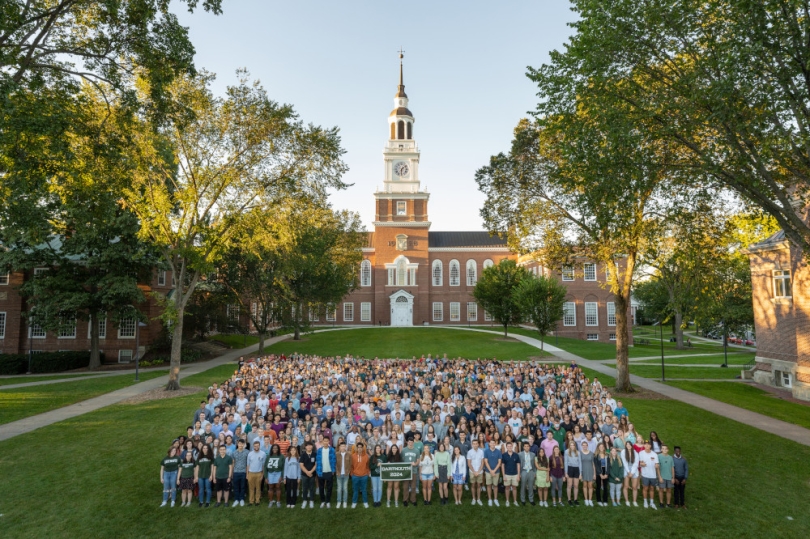 The Class of 2024 takes our class photo, one year delayed due to COVID-19, in front of Baker Berry Library on the lawn.
