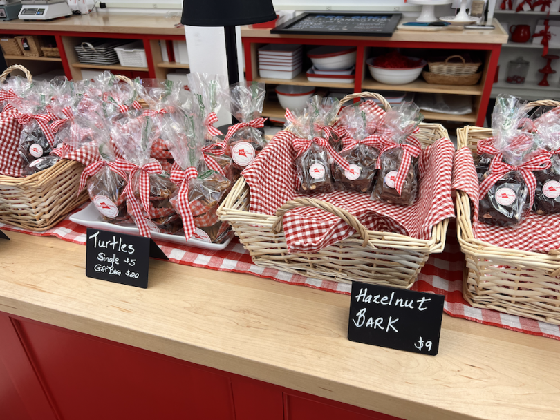 Red Kite chocolates in red and white striped baskets