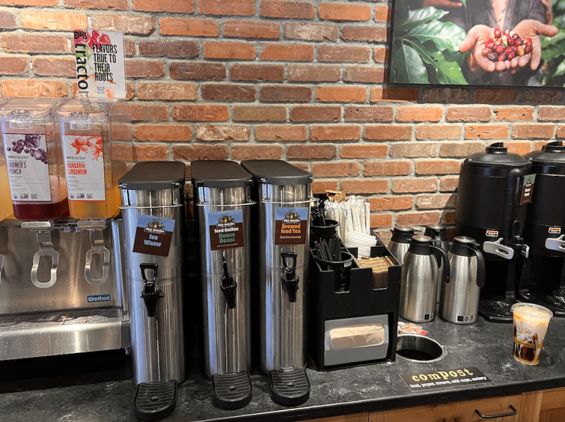 Coffee station, refillable iced tea as well as iced and hot coffee options.