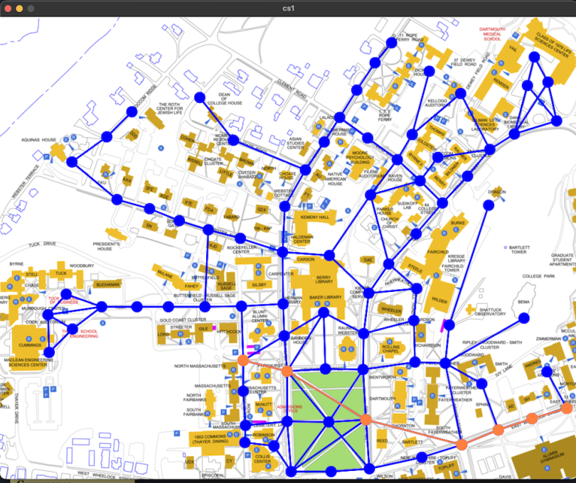 Map of Dartmouth College, coded to show the most feasible route from one building to another.