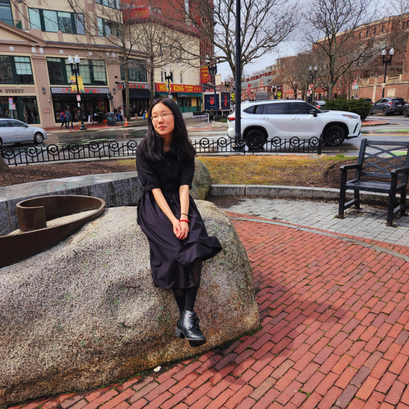 Person sitting on top of a rock at Harvard square