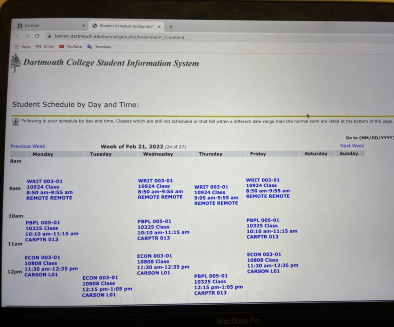 a Dartmouth's student's class schedule