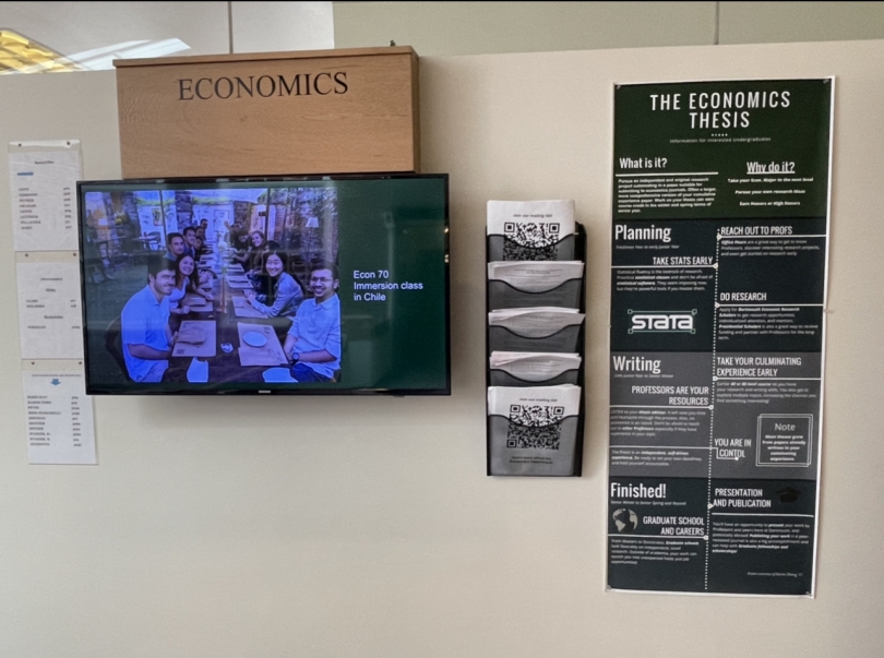 A wall in the Economics department wing of Silsby Hall (a building on campus) with a poster explaining the steps in writing an economics thesis at Dartmouth
