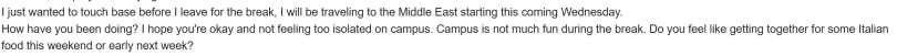 A screenshot of an email snippet from my faculty advisor saying, "I just wanted to touch base before I leave for the break, I will be traveling to the Middle East starting this coming Wednesday. How have you been doing? I hope you're okay and not feeling 