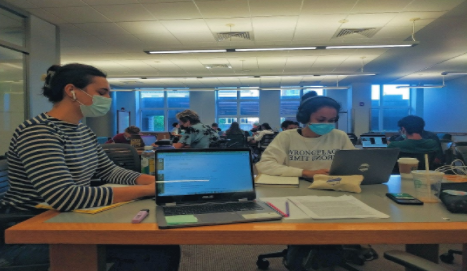 Julie and Loane studying at First Floor Baker