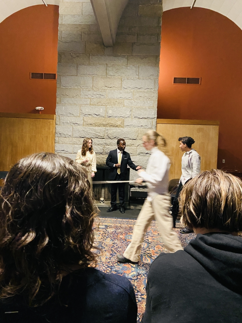 Justine (middle) as King Claudius in Hamlet Justine