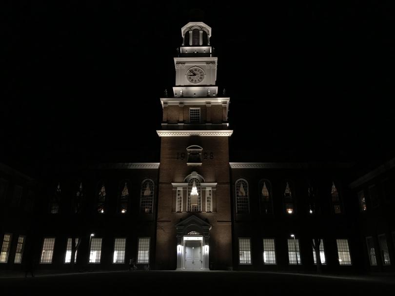 A picture of Baker Tower at night time. 