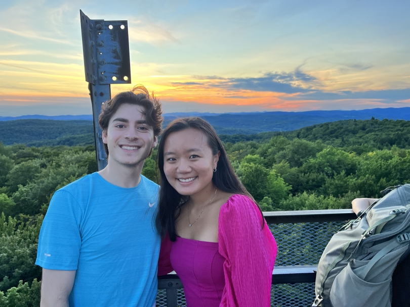 My friend Bernardo and I pose for a picture on top of Gile Mountain fire tower during a Sophomore Summer Dartmouth Outing Club hike.
