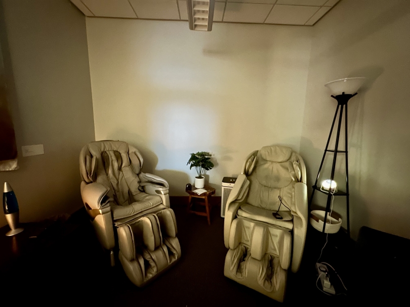 Two massage chairs inside the Student Wellness Center's Tranquility Room